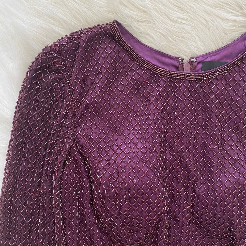 Mac Duggal Purple Plum Lattice Beaded Long Sleeve Modest Formal Midi Dress - Picture 7 of 16